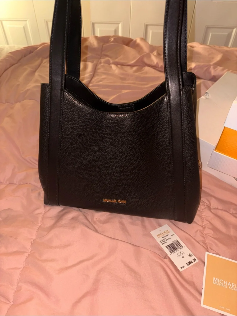 Michael Kors Black Pebbled Leather Shoulder Bag with Gold Logo